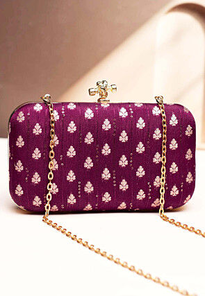 Woven Art Silk Clutch Bag in Purple