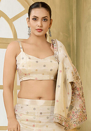 Woven Art Silk Crop Top Set in Beige