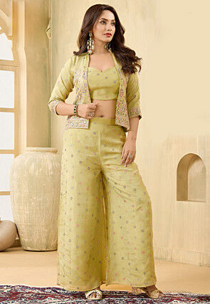 Woven Art Silk Crop Top Set in Light Green