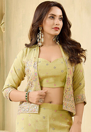 Woven Art Silk Crop Top Set in Light Green