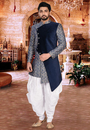 Woven Art Silk Dhoti Asymmetric Sherwani in Blue and White