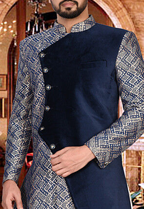 Woven Art Silk Dhoti Asymmetric Sherwani in Blue and White