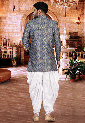 Woven Art Silk Dhoti Asymmetric Sherwani in Blue and White