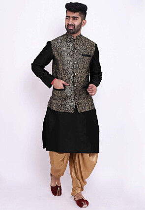 Woven Art Silk Dhoti Kurta in Black
