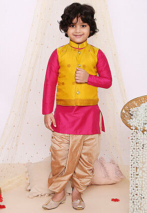 Woven Art Silk Dhoti Kurta in Fuchsia and Yellow