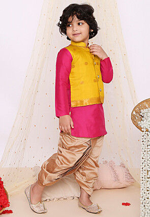 Woven Art Silk Dhoti Kurta in Fuchsia and Yellow