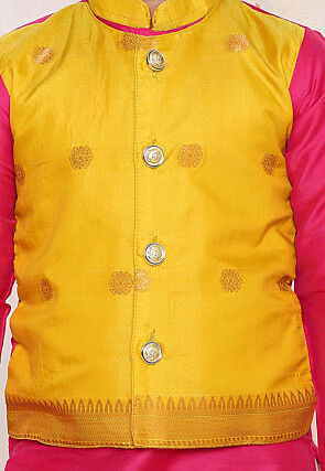 Woven Art Silk Dhoti Kurta in Fuchsia and Yellow