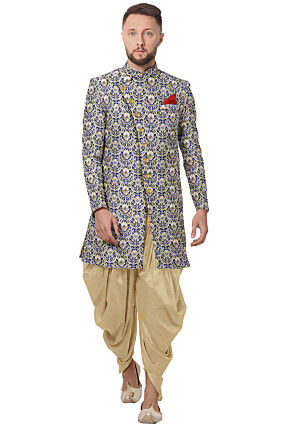 Woven Art Silk Dhoti Sherwani in Blue and Beige