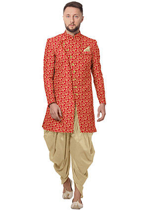 Woven Art Silk Dhoti Sherwani in Coral Red