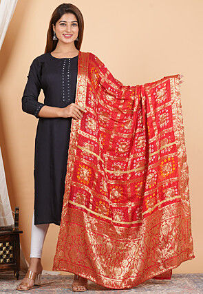 Woven Art Silk Dupatta in Red