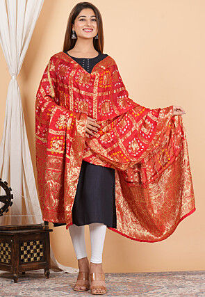 Woven Art Silk Dupatta in Red