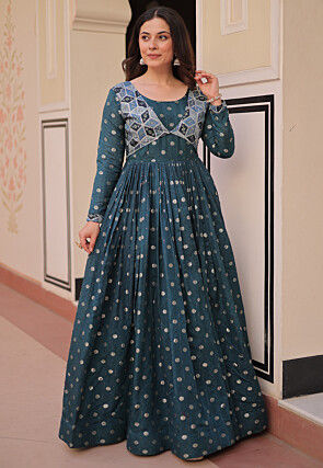 Woven Art Silk Gown in Teal Blue