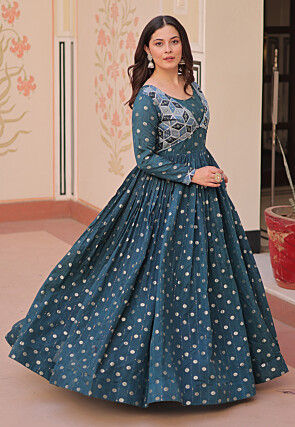 Woven Art Silk Gown in Teal Blue