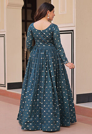 Woven Art Silk Gown in Teal Blue