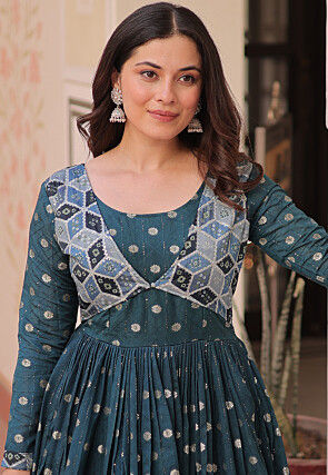 Woven Art Silk Gown in Teal Blue