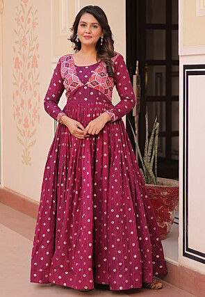 Woven Art Silk Gown in Magenta