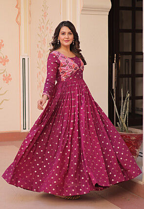 Woven Art Silk Gown in Magenta