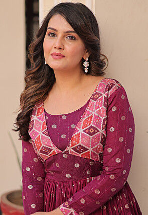 Woven Art Silk Gown in Magenta