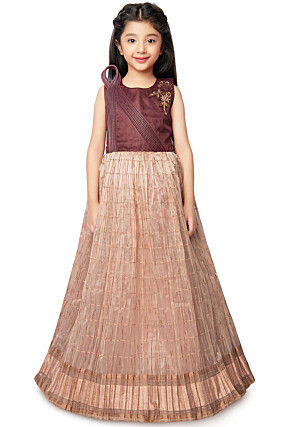 Woven Art Silk Gown in Peach and Brown