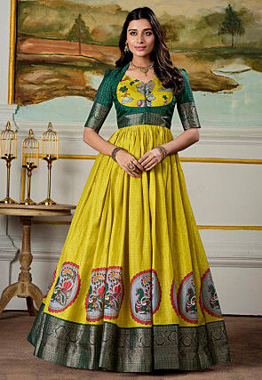 Woven Art Silk Gown in Yellow