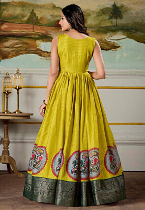Woven Art Silk Gown in Yellow