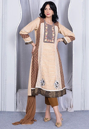 Woven Art Silk Handloom Anarkali Suit in Beige