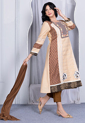 Woven Art Silk Handloom Anarkali Suit in Beige