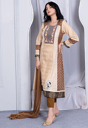Woven Art Silk Handloom Anarkali Suit in Beige