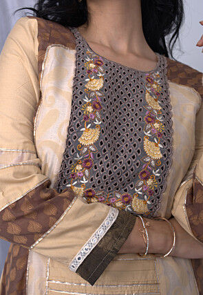 Woven Art Silk Handloom Anarkali Suit in Beige
