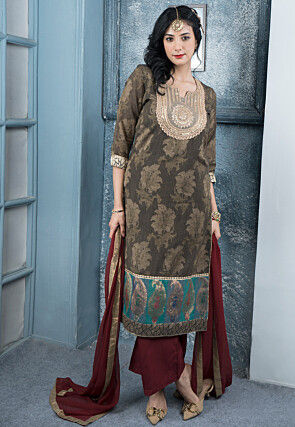 Woven Art Silk Handloom Pakistani Suit in Brown