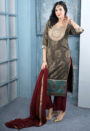 Woven Art Silk Handloom Pakistani Suit in Brown