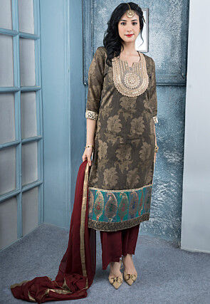 Woven Art Silk Handloom Pakistani Suit in Brown