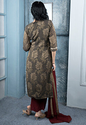 Woven Art Silk Handloom Pakistani Suit in Brown