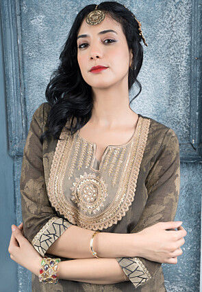 Woven Art Silk Handloom Pakistani Suit in Brown