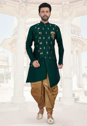 Woven Art Silk Jacket Style Asymmetric Dhoti Sherwani in Green