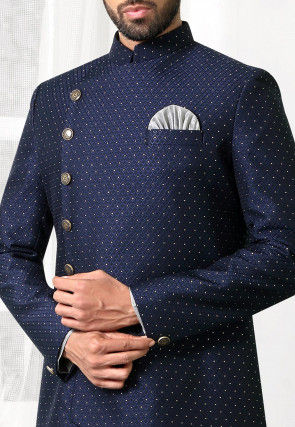 Woven Art Silk Jacket Style Sherwani in Blue and Grey