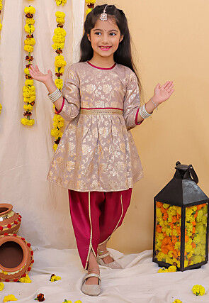 Woven Art Silk Jacquard A Line Kurta Set in Dusty Purple