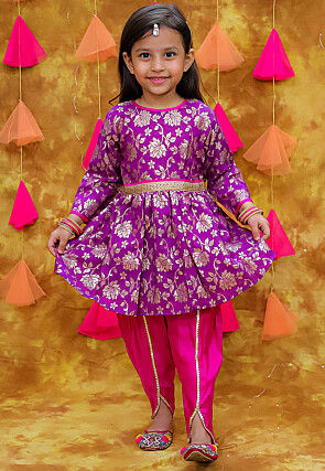 Woven Art Silk Jacquard A Line Kurta Set in Purple