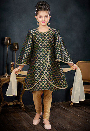 Woven Art Silk Jacquard A Line Suit in Dark Green