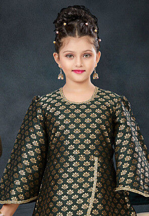 Woven Art Silk Jacquard A Line Suit in Dark Green