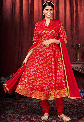 Woven Art Silk Jacquard A Line Suit in Red