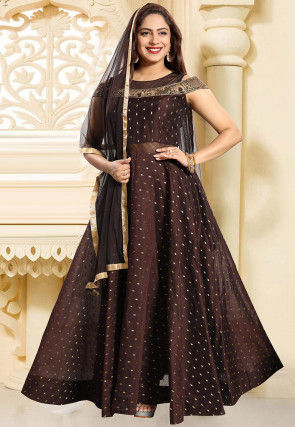 Woven Art Silk Jacquard Abaya Style Suit in Dark Brown