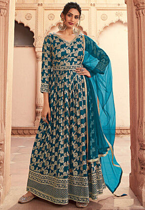 Woven Art Silk Jacquard Abaya Style Suit in Dark Teal Blue