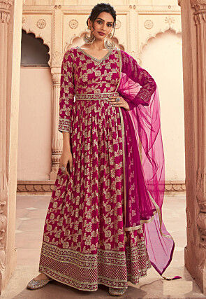 Woven Art Silk Jacquard Abaya Style Suit in Magenta
