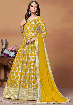 Woven Art Silk Jacquard Abaya Style Suit in Mustard