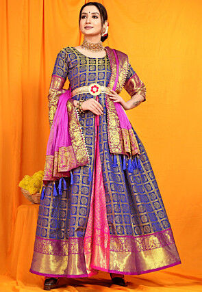 Woven Art Silk Jacquard Abaya Style Suit in Navy Blue