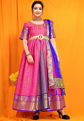 Woven Art Silk Jacquard Abaya Style Suit in Pink