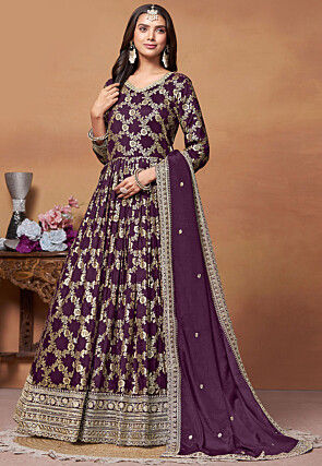 Woven Art Silk Jacquard Abaya Style Suit in Purple