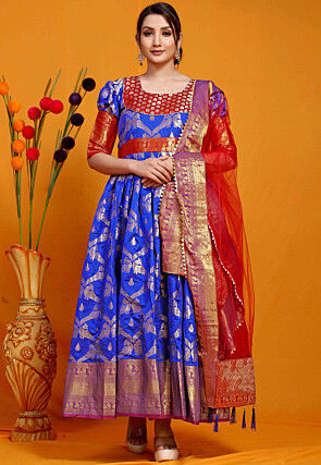 Woven Art Silk Jacquard Abaya Style Suit in Royal Blue