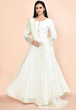 Woven Art Silk Jacquard Abaya Style Suit in White